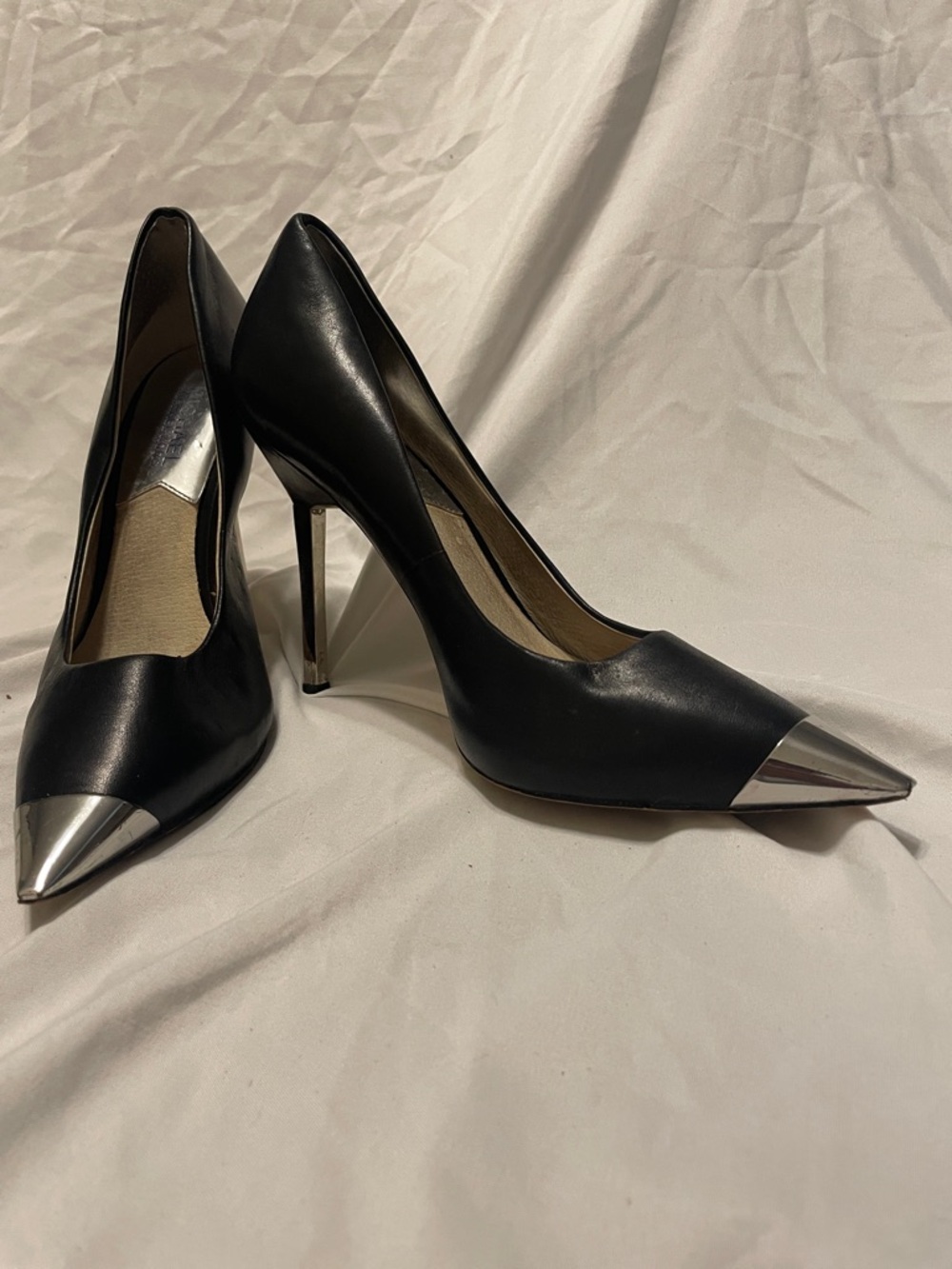Michael Kors Black Leather Pointed Pumps with Silver Toe Cap